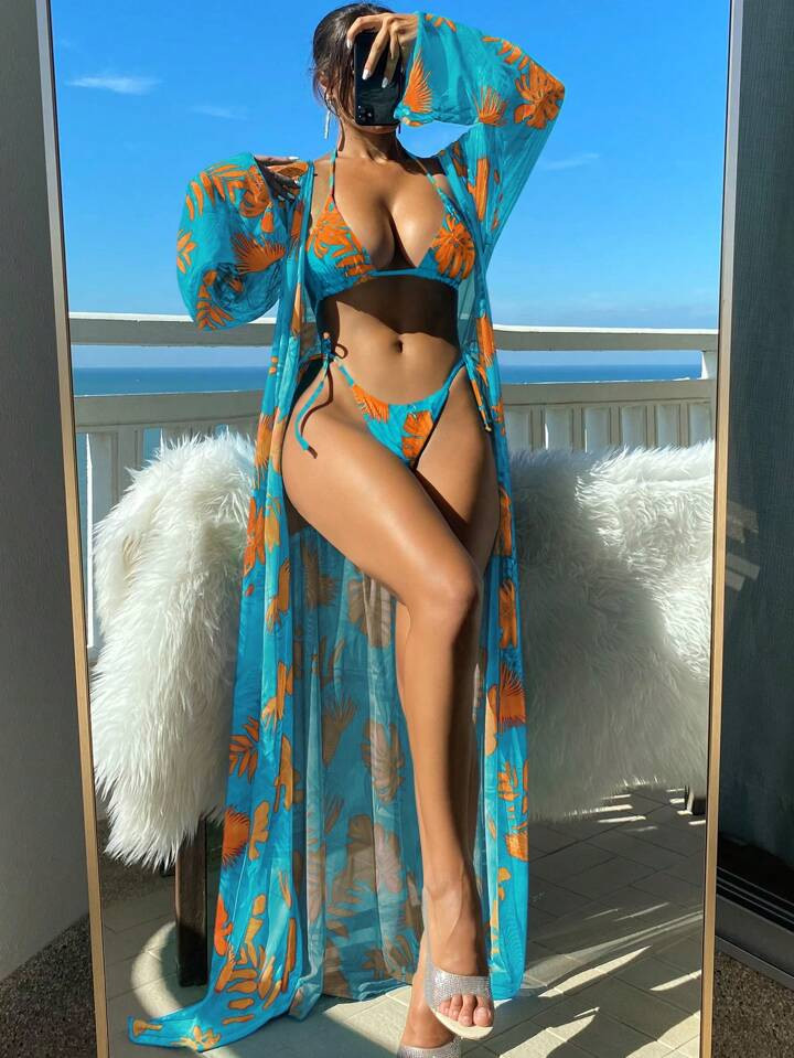 Swim SXY Summer Beach Women's Tropical Plant Print Swimwear With Separated Top And Bottom, Random Print | SHEIN