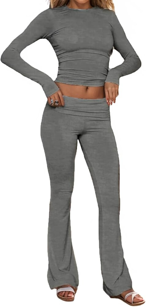 AnotherChill Women's 2 Piece Lounge Sets Fold-over Flare Pants Set Long Sleeve Cropped Top Casual... | Amazon (US)