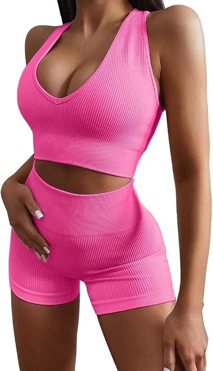 Gym Sets for Women 2 Piece Workout Sets Seamless Ribbed Crop Tank High Waist Shorts Yoga Outfits | Amazon (US)