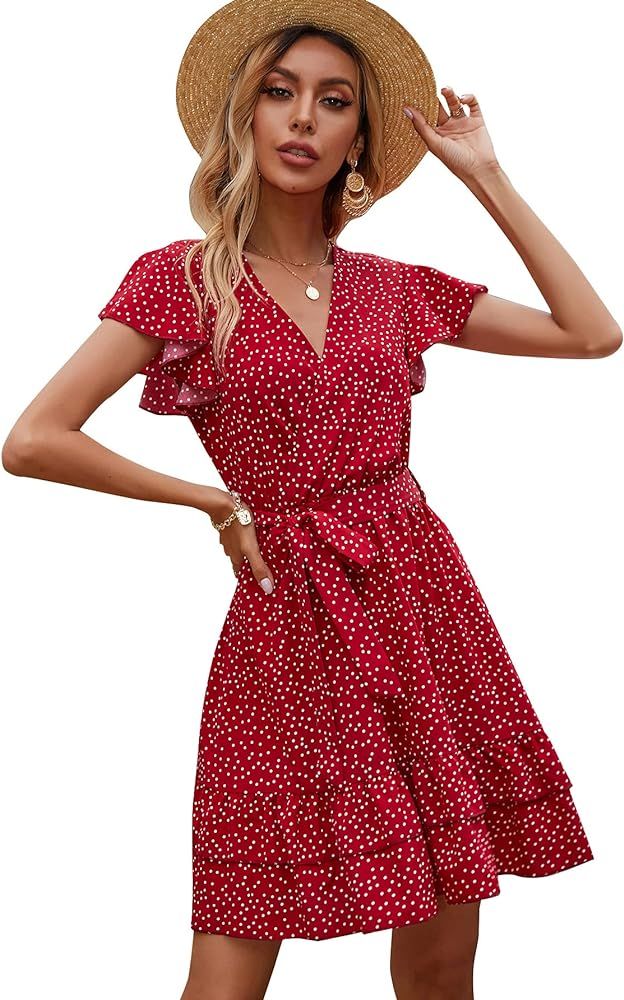 Floerns Women's Summer Polka Dots V Neck Ruffle Cap Sleeve A Line Mini Dress | Amazon (US)