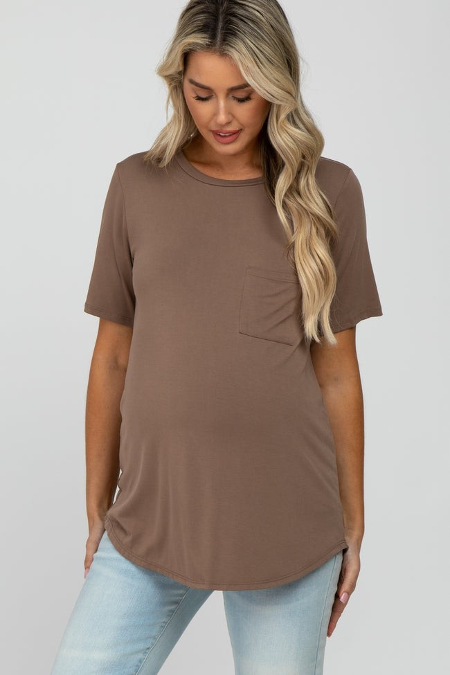 Taupe Crew Neck Front Pocket Short Sleeve Maternity Top | PinkBlush Maternity