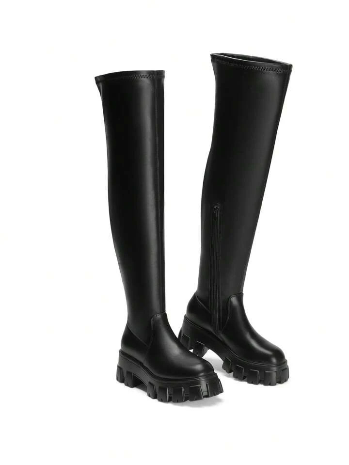 New Arrival Women Fashion Black Knee High Boots High Stretch Shaft, Warm Thick Sole, Comfortable Soft Leather Round Toe Riding Boots Wear With Skirt Sweater Shorts | SHEIN