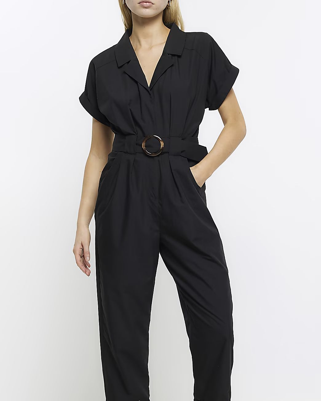 Black short sleeve utility jumpsuit | River Island (US)