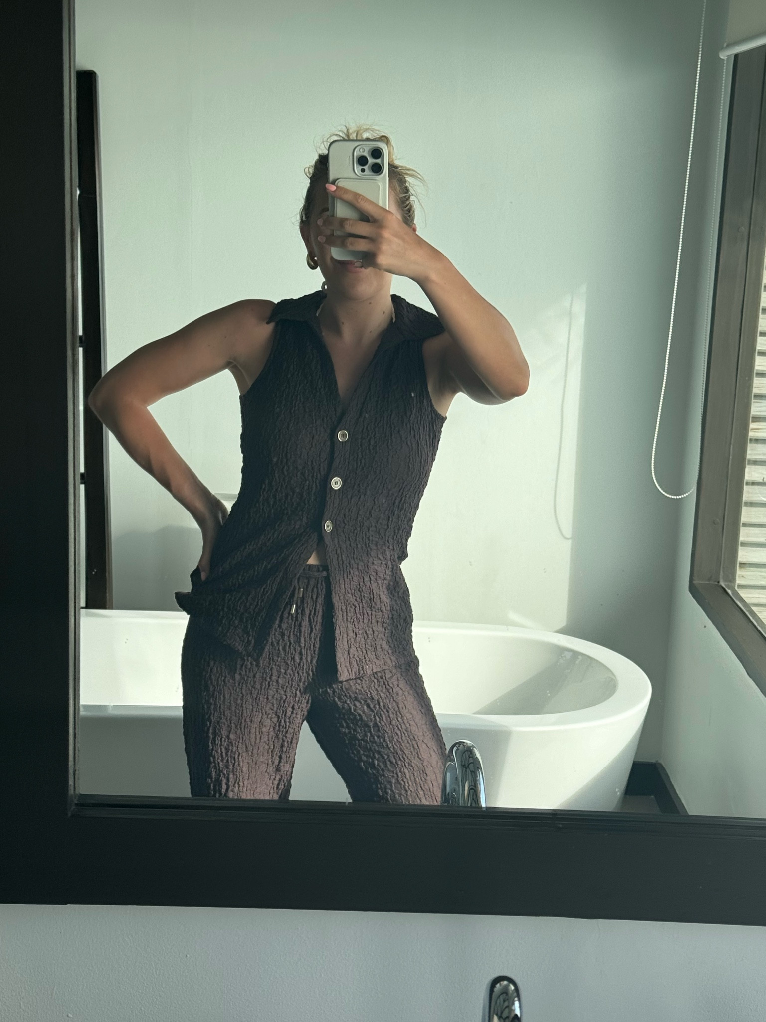 Brown two piece - co ord - beach co ord -  crinkle two piece - waist coat - waistcoat - flared pants - chocolate coloured outfit - trousers - beach outfit - button front top - vest - vest top - matching outfit - matching co-ord - matching two piece - riverisland - holiday outfit - vacation outfit - holiday outfits - riverisland - Maldives outfit ideas - summer outfit ideas - travel outfit - airplane outfit 

#LTKfindsunder50 #LTKtravel #LTKstyletip