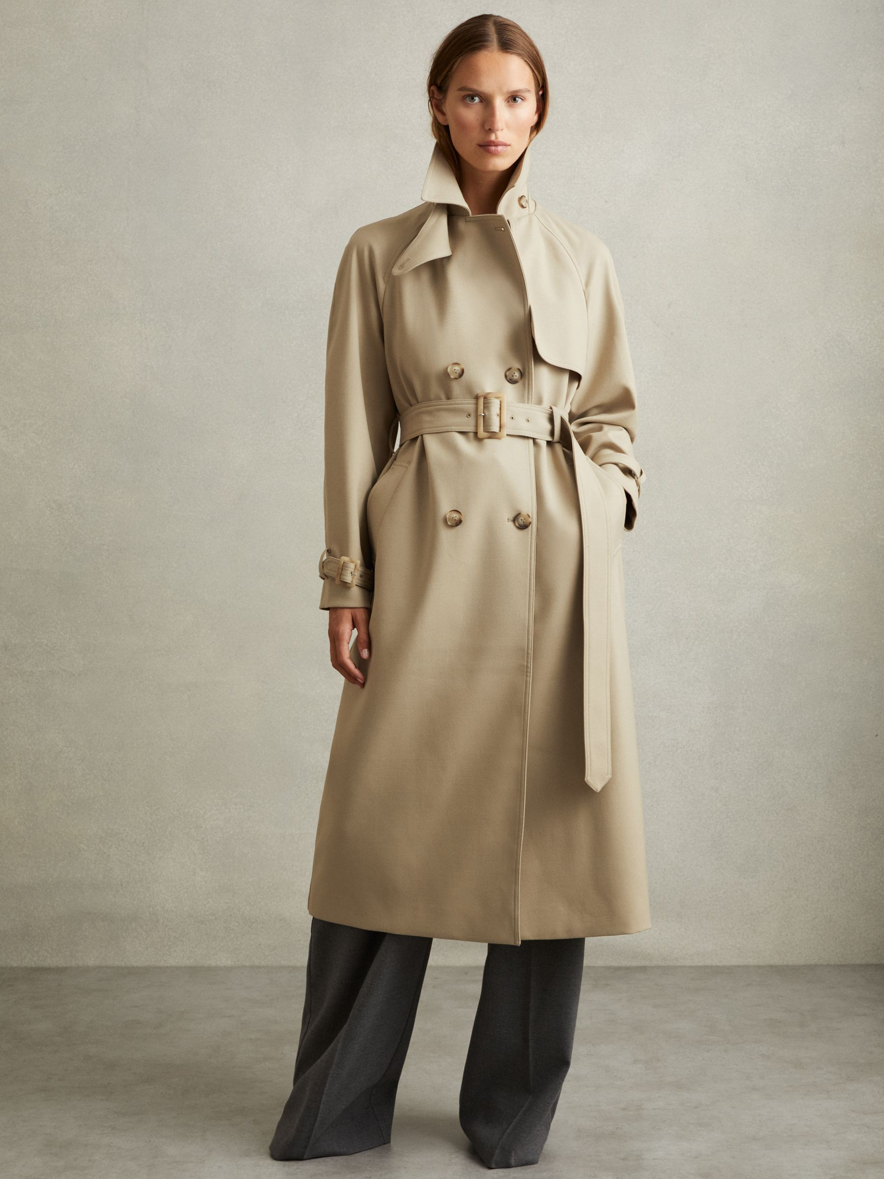 Darcie Khaki Double Breasted Belted Trench Coat | Reiss UK