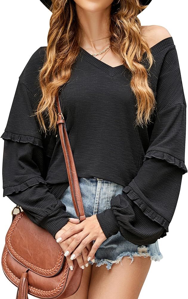 BMJL Womens Oversized Shirts 2023 Casual One Shoulder Tops Ribbed Knit Puff Sleeve Top | Amazon (US)