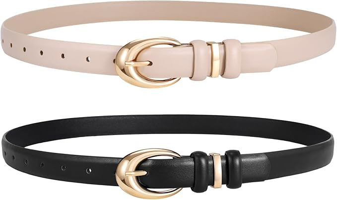 LEACOOLKEY 2 Pack Women Leather Belts for Jeans Dress Fashion Ladies Belt with Gold Silver Buckle | Amazon (US)