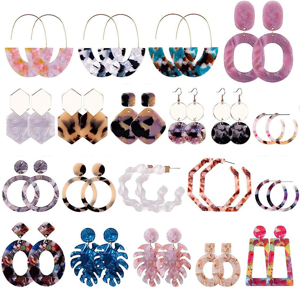 20 Pairs Acrylic Earrings Statement Earrings Resin Drop Dangle Hoop Earrings Polygonal Bohemian E... | Amazon (US)