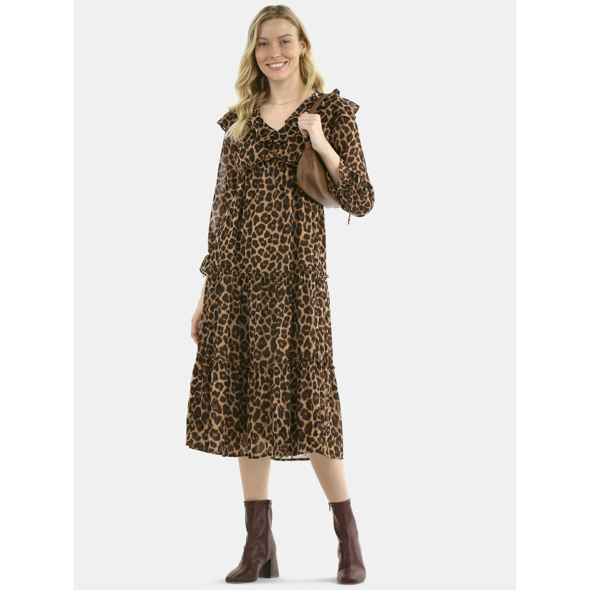 Time and Tru Women's and Women's Plus Ruffle Tiered Midi Dress with Long Sleeves, Sizes XS-4X | Walmart (US)