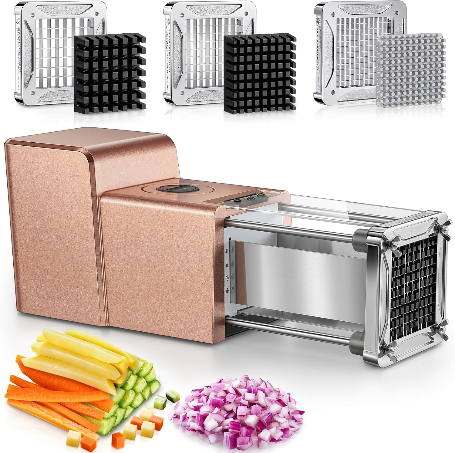 Sopito French Fry Cutter Electric Vegetable Slicer Stainless Steel with 3 Blades 1/4 3/8 1/2 Inch for Potatoes Carrots Onions Apples, Rose Gold | Amazon (US)