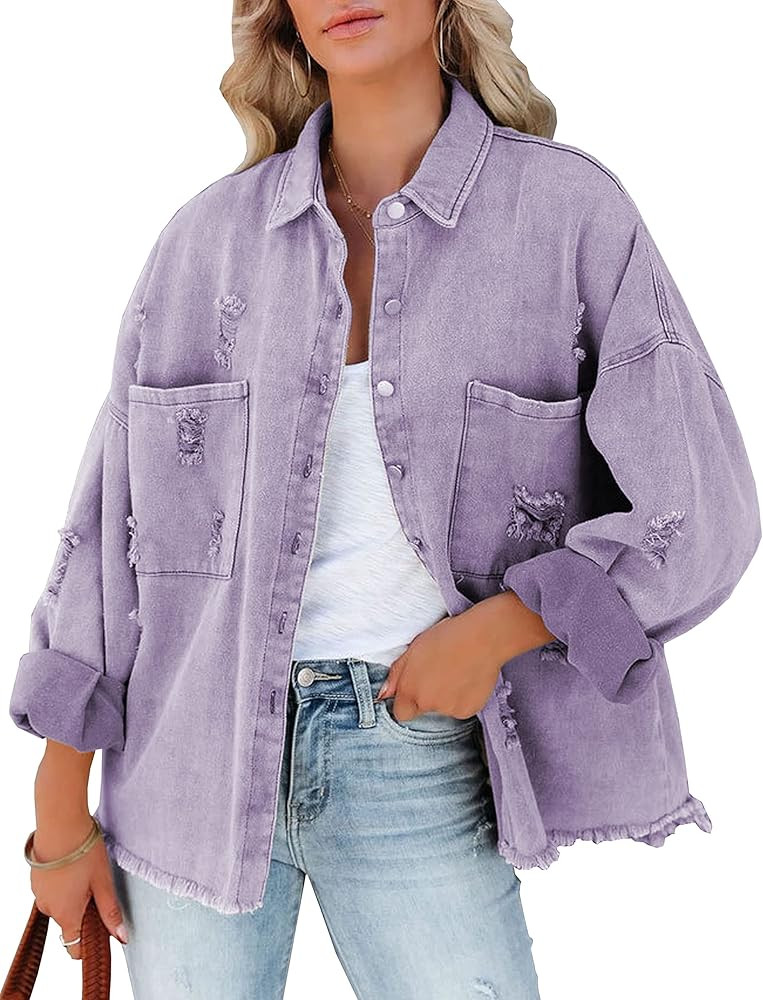 Lumister Womens Causal Oversized Soft Lightwieght Distressed Jean Jacket Ripped Fringe Long Sleeve D | Amazon (US)
