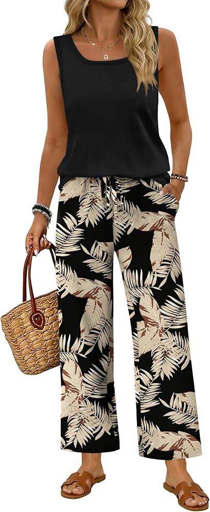 WIHOLL Two Piece Sets for Women Summer Spring Outfits Tank Square Neck Sleeveless Travel Vacation... | Amazon (US)