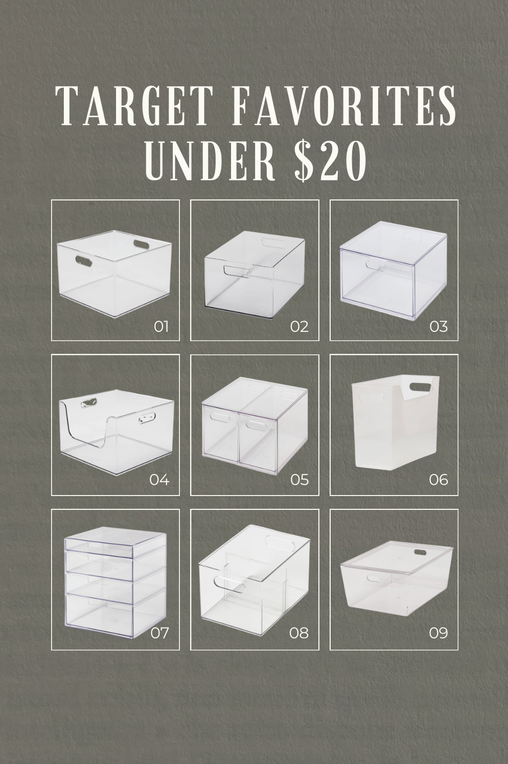 A few of my favorite Brightroom bins under $20. These pieces are durable, versatile, and work in almost every space. It really is possible to stay organized without spending a fortune, and I reach for these affordable options again and again in pantries, bathrooms, closets, and laundry rooms.

1. Large open bin
Great for storing pantry backstock, linens, or cleaning supplies.

2. Medium open bin
Perfect for grouping snacks, toiletries, or small household items.

3. Single drawer bin
A clear pull-out drawer that keeps items dust-free and easy to access.

4. Open-front bin
Ideal for grab-and-go categories like snacks, pouches, or bath items.

5. Two-drawer organizer
Great for separating smaller categories such as skincare, makeup, or office supplies.

6. Tall utility bin
Perfect for storing upright items like bottles, tools, or large pantry goods.

7. Four-drawer unit
A compact drawer tower for bathrooms, vanities, craft storage, or small accessories.

8. Large bin with removable divider
A versatile option that lets you customize the space for different categories.

9. Low bin with stacking lid
Ideal for shallow shelves and easy to stack when you need vertical storage. 

 #LTKHome #LTKFindsUnder50 #LTKFindsUnder100