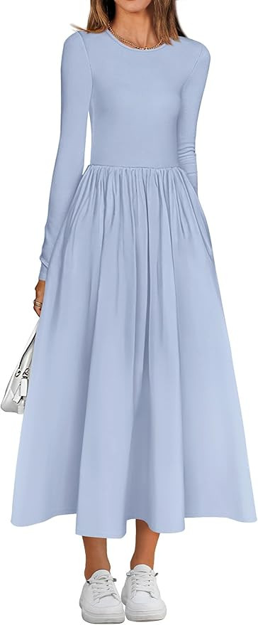 BTFBM Casual Long Sleeve Dresses Fall Dresses Solid Wedding Guest Dress Midi Dress Flowy Bohemian... | Amazon (US)