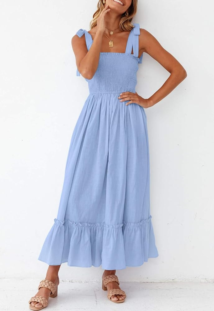 ZESICA Women's Summer Boho Spaghetti Strap Square Neck Solid Color Ruffle A Line Beach Long Maxi Dre | Amazon (US)