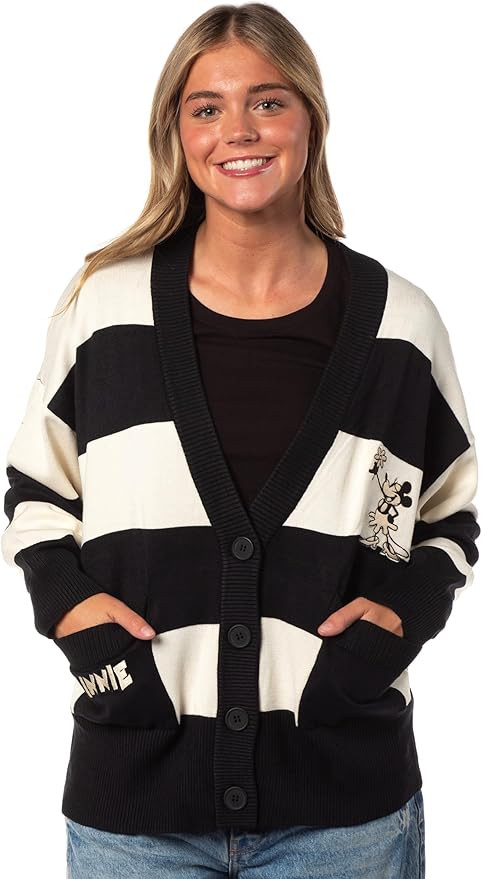 Disney Woman's Minnie Mouse Vintage Black and Off-White Striped Button Long-Sleeve Adult Cardigan... | Amazon (US)