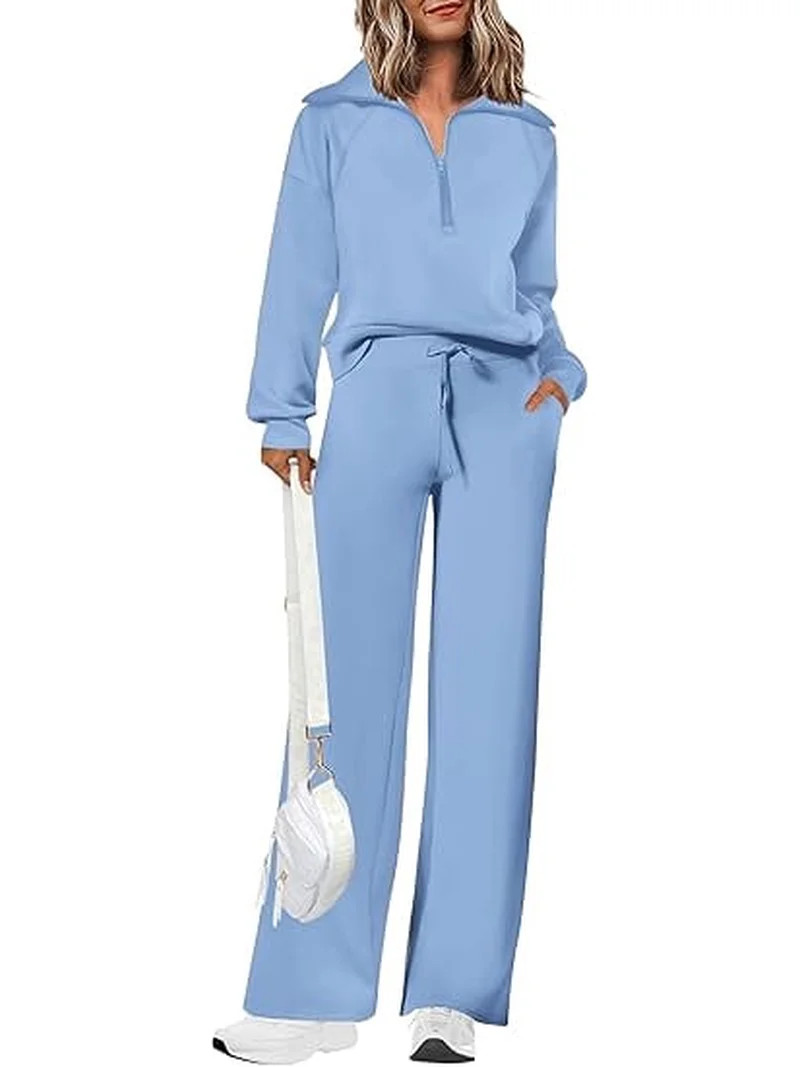 PRETTYGARDEN Women's 2 Piece Outfits Casual Lapel Half Zip Sweatshirts And Wide Leg Pants Tracksu... | Walmart (US)
