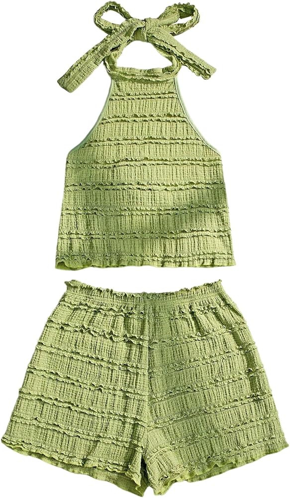 GORGLITTER 2 Piece Sets for Women Summer Crochet Textured Tie Back Crop Halter Tops and Shorts Se... | Amazon (US)