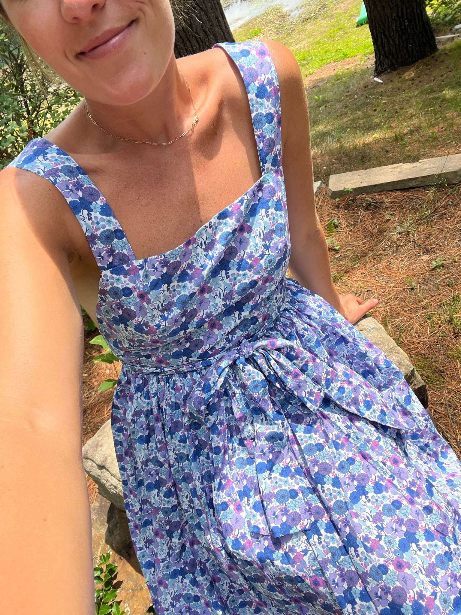 J.Crew Liberty London dress with mesh flats and navy cardigan with gold buttons! Wearing my true size (Small/4) in all items.