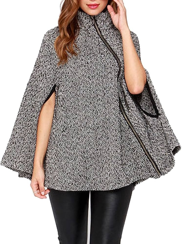 Clothink Women Gray Stand Collar Asymmetric Zipper Front Cape Coat, Small | Amazon (US)
