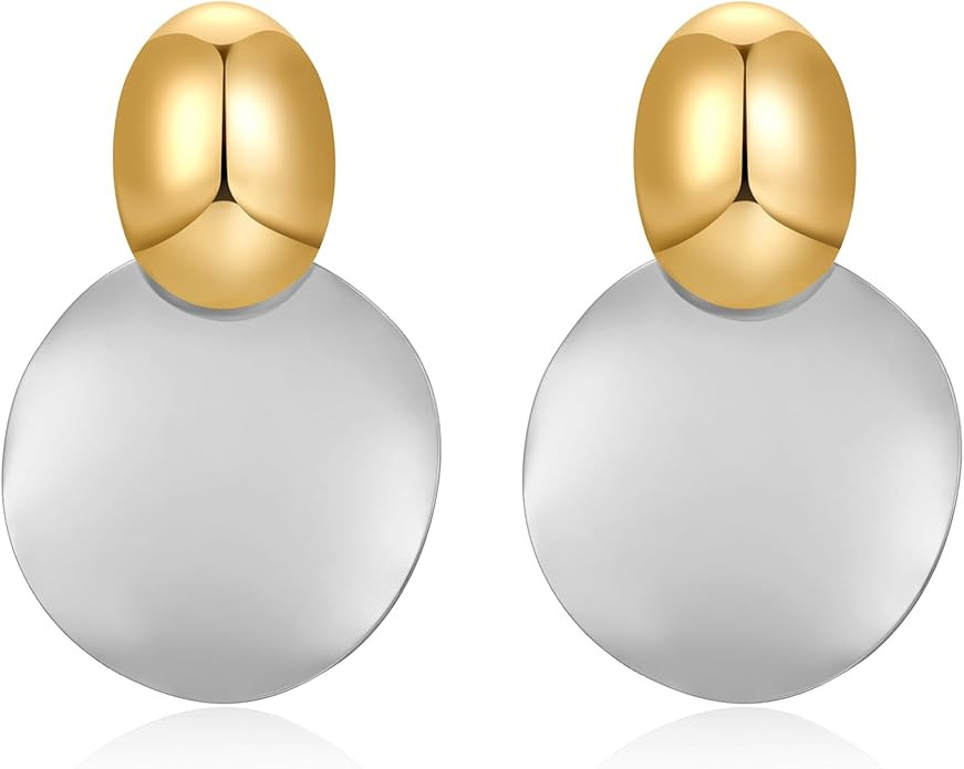 FAMARINE Big Disc Drop Earrings Gold Dangle Earrings Round Hammered Earrings Women | Amazon (US)