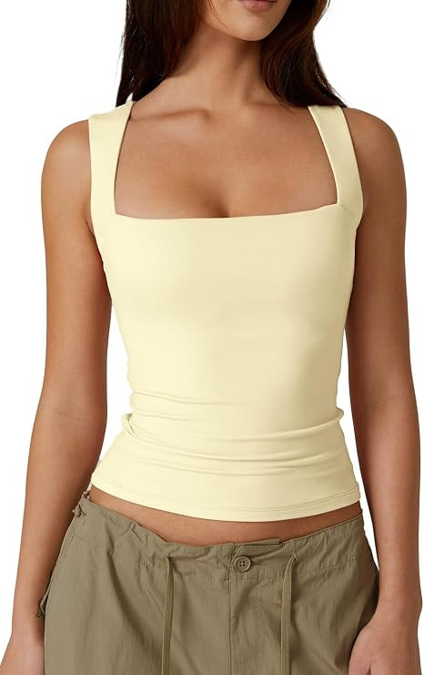QINSEN Women's Square Neck Sleeveless Double-Layer Tank Tops Basic Tight T Shirts | Amazon (US)