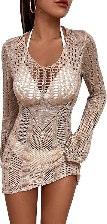 MakeMeChic Women's Crochet Long Sleeve Cut Out Swimsuit Cover Up Beach Dress | Amazon (US)