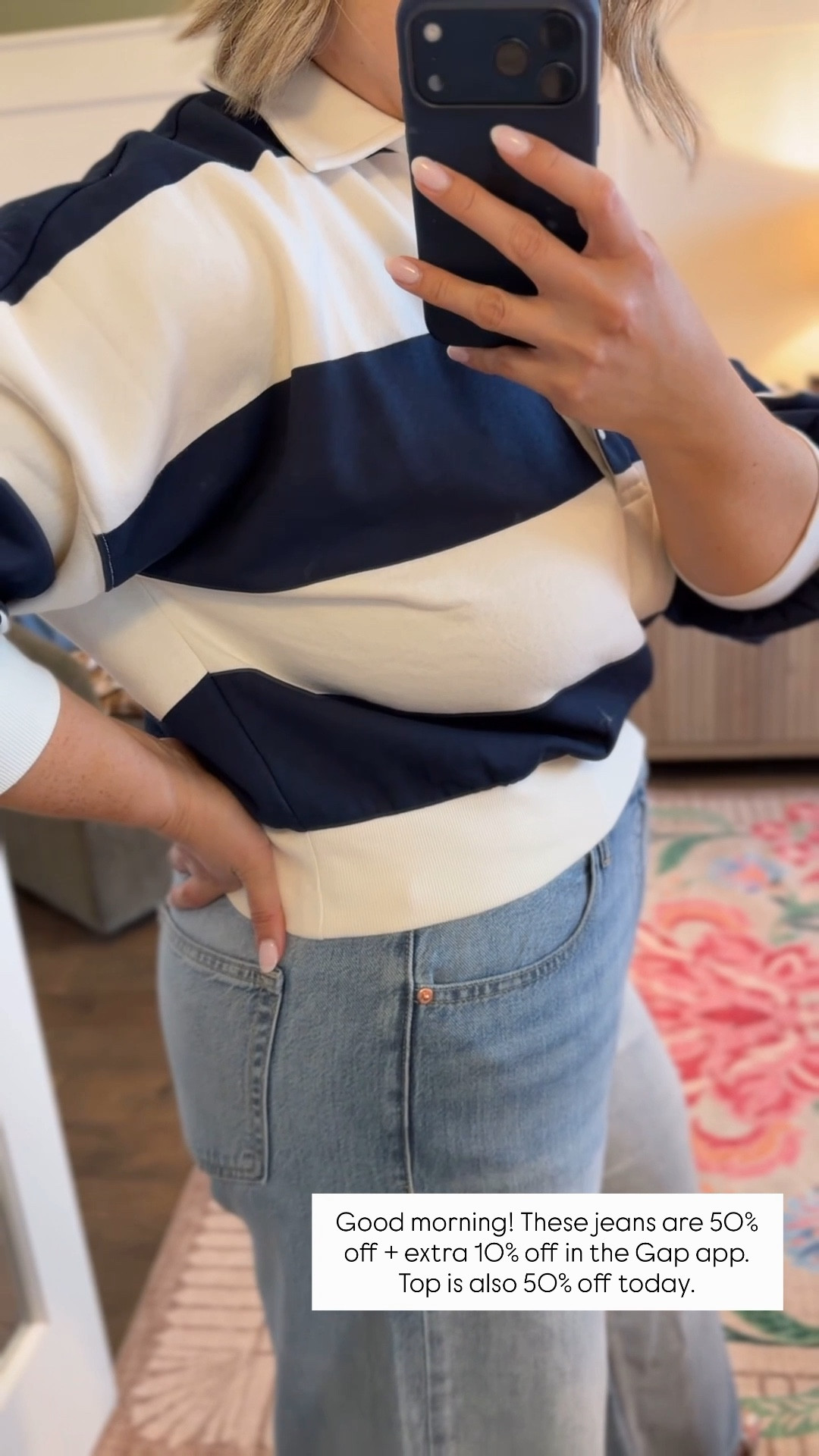 Wearing an extra large in a sweatshirt. Reviews that it ran slightly small, which is why I sized up. I think the fit works perfectly for me. I’m wearing a size 32 in the jeans. Now that I have worn them a few times since I got them last week, they do slightly stretch out with where to do keep that in mind in terms of sizing. They are not too loose, even though they have stretched out lately. They remain very comfortable and incredibly soft. If you prefer your jeans to be on the tighter side, I recommend perhaps closing down one.

Yep is still running their friends and family sale with everything being 40% off. There are additional limited deals which include these jeans at 50% off plus an additional 10% off when purchasing through the gap app. Loft is also 50% off tops + $44 denim  

#LTKMidsize #LTKSaleAlert #LTKootd