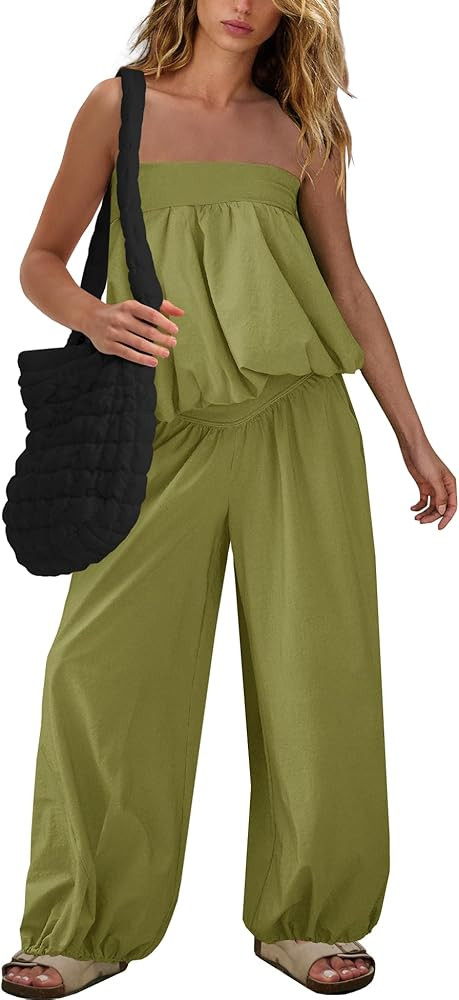 SENSERISE Pants Sets Women 2 Piece Outfits Bubble Off Shoulder Strapless Tube Top Wide Leg Pants ... | Amazon (US)