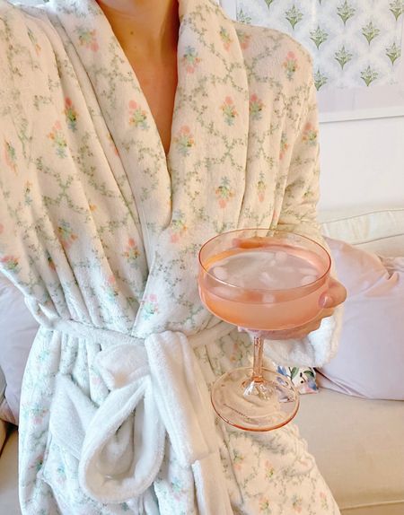 Getting ready 🤍 Hill House inspired robe from Amazon for under $35!! Wearing a size Small - I’m 5’9” and it hits a few inches below the knee. A fuzzy, cozy material (not terry) that I absolutely love!!! 

My pink coupe glass is Anthropologie Morgan Glassware, my favorite collection!

#LTKhome #LTKU #LTKbeauty