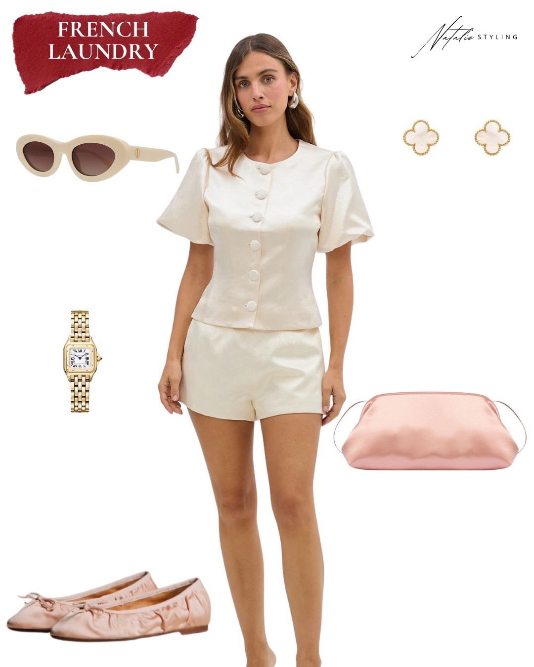 An easy take on French-inspired dressing 🤍
This satin ivory set pairs a softly structured button-front top with matching shorts for a clean, feminine silhouette. Blush ballet flats add comfort, the matching blush satin pouch brings a subtle pop of color, and gold accessories finish the look with a timeless feel. Perfect for daytime plans, a relaxed lunch out or the bride to be. 

#LTKSeasonal #LTKootd #LTKTravel