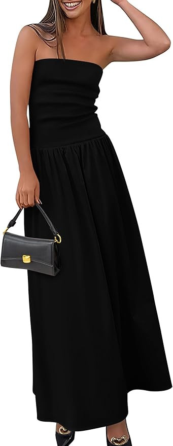 PRETTYGARDEN Women's 2025 Spring Strapless Maxi Dresses Patchwork Long Flowy Pockets Elegant Goin... | Amazon (US)