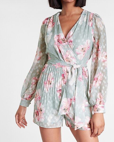 Floral Long Sleeve Pleated Wrap Front Romper | Express