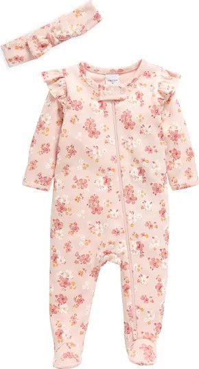 Floral Print Zip Front Footie & Headband Set | Nordstrom