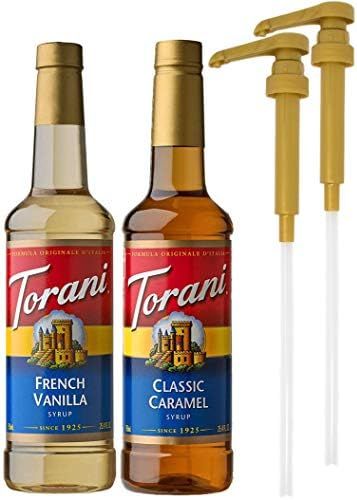 Torani French Vanilla and Classic Caramel Coffee Syrup Flavoring, 750 ML Bottle (Pack of 2) with 2 B | Amazon (US)