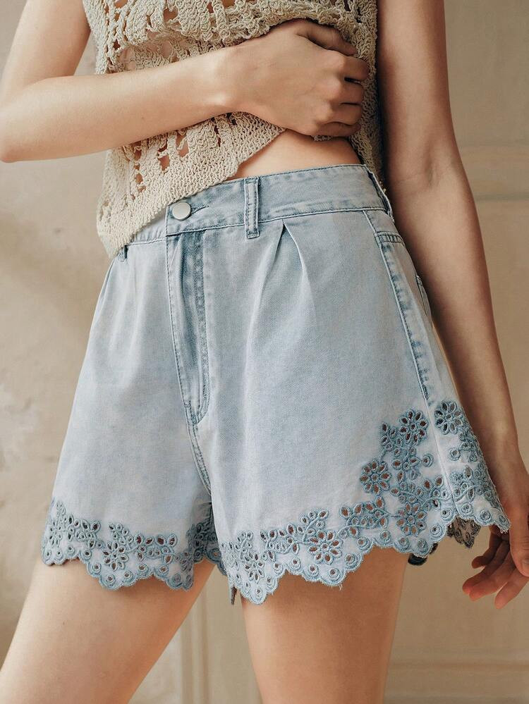 Anewsta Women's Fashionable Sexy Hollow Floral Embroidered Romantic Valentine's Day Party Vacation Blue Casual Shorts Jeans, Spring/Summer Elegant Shorts Romwe Shorts Light Blue Shorts Western Shorts | SHEIN