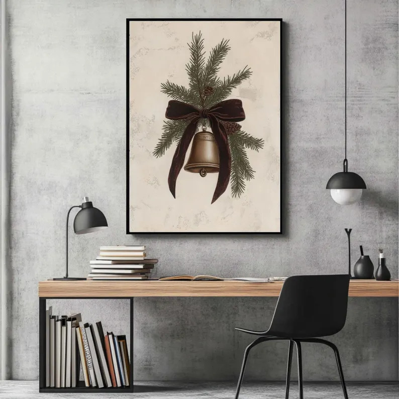 Vintage Christmas Bell Print With Pine and Brown Bow Ribbon, Printable Neutral Wall Art, Rustic M... | Etsy (US)