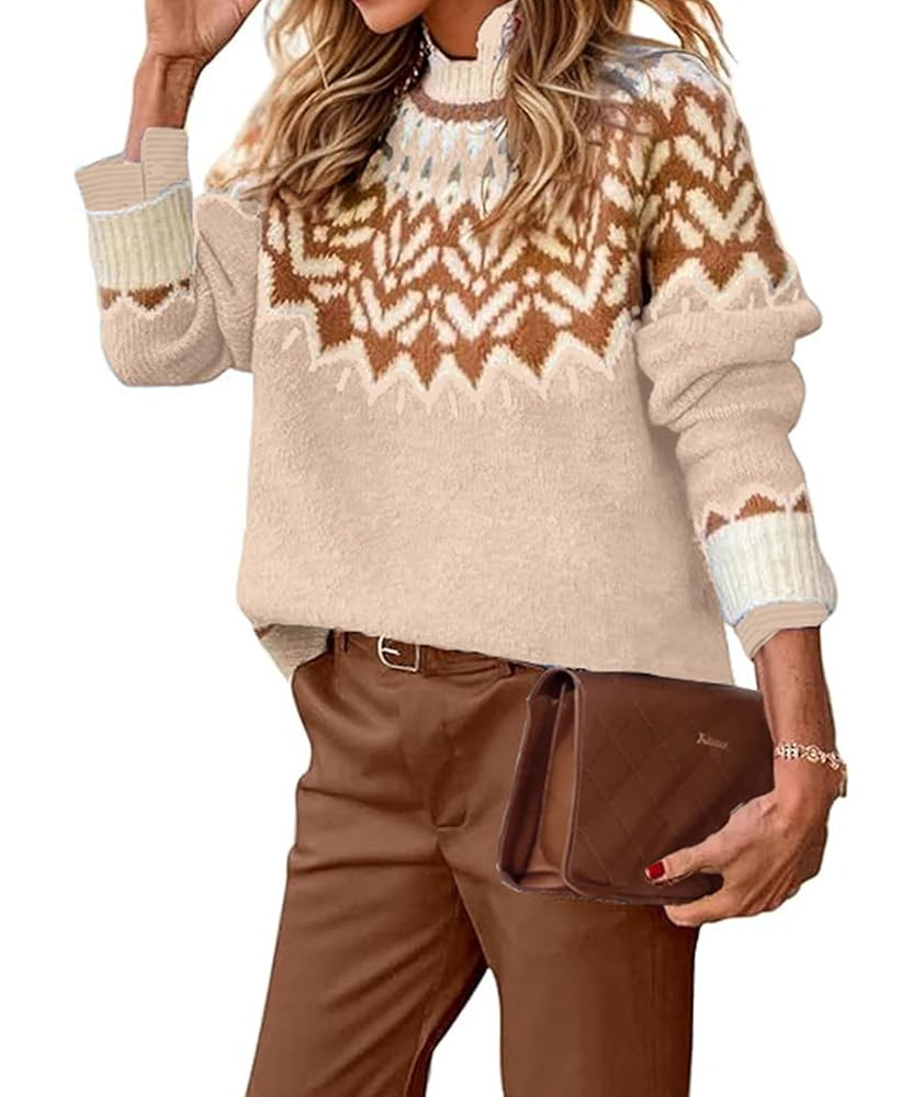 EARKOHA Women's Casual Mock Neck Ribbed Sweater Pullover 2025 Fall Long Sleeve Print Fair Isle Sw... | Amazon (US)