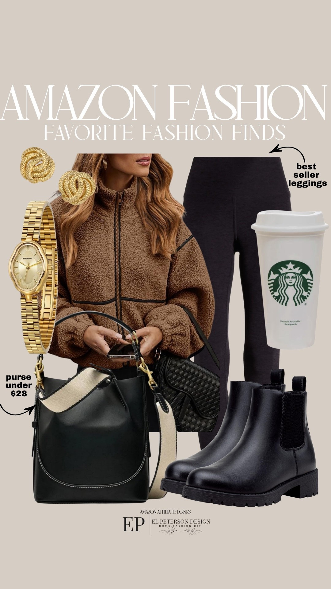 Amazon 
Jacket 
Leggings
Purse
Chelsea boots
Watch
Earrings