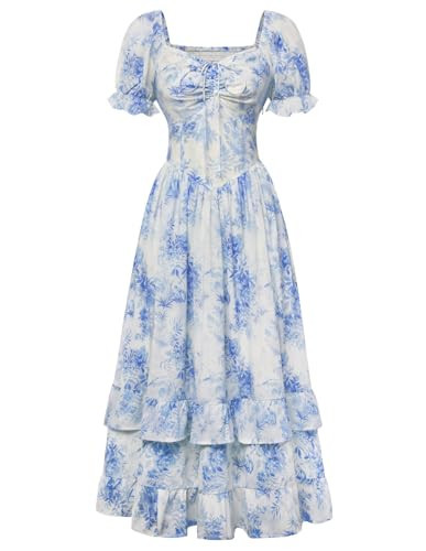 Scarlet Darkness Women Floral Cottagecore Dress Puff Sleeve Maxi Ruffled Corset Dress White Blue Floral XL | Amazon (US)