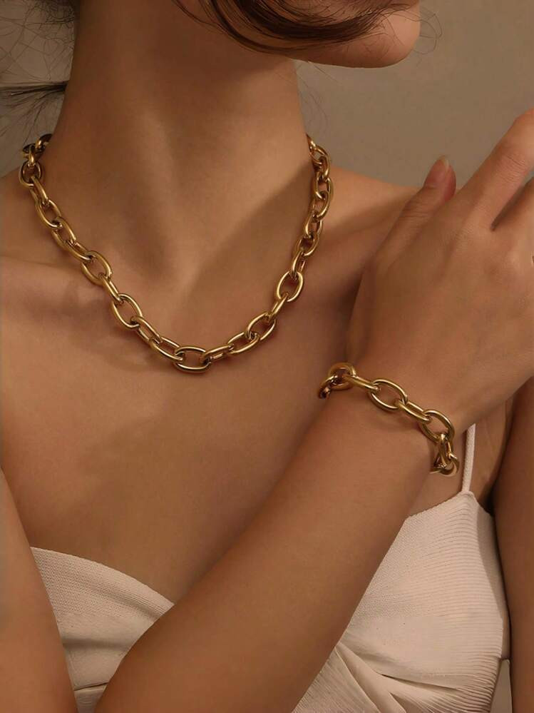 2pcs Minimalist Elegant Stainless Steel Necklace & Bracelet Set, Adjustable, Non-Fading, High Qua... | SHEIN