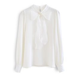 Shimmer Bowknot Satin Shirt in White | Chicwish