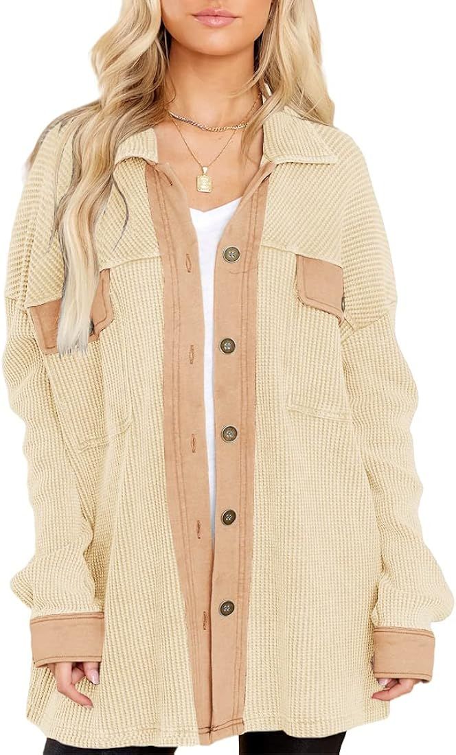 Ferrtye Womens Casual Button Down Shirts Waffle Knit Long Sleeve Oversized Shacket Jackets with P... | Amazon (US)