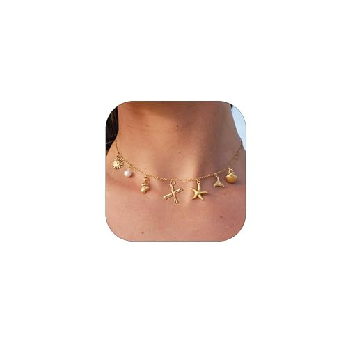 JALZEMPL Initial Charm Necklace For Women Shell Letter Necklaces Gold Charms Pendant Boho Summer Seashell Beach 14k Starfish Surfer Jewelry Gifts (X) | Amazon (US)