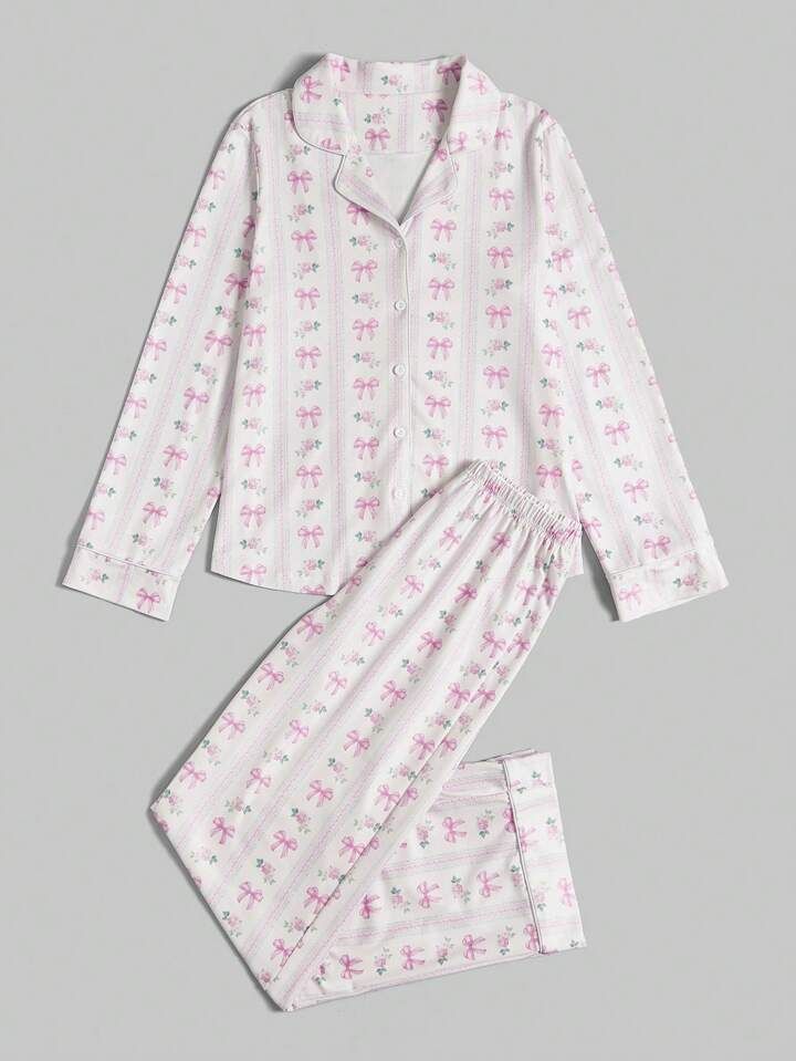 ROMWE Kawaii Butterfly Print Long Sleeve Shirt And Pants Pajama Set | SHEIN