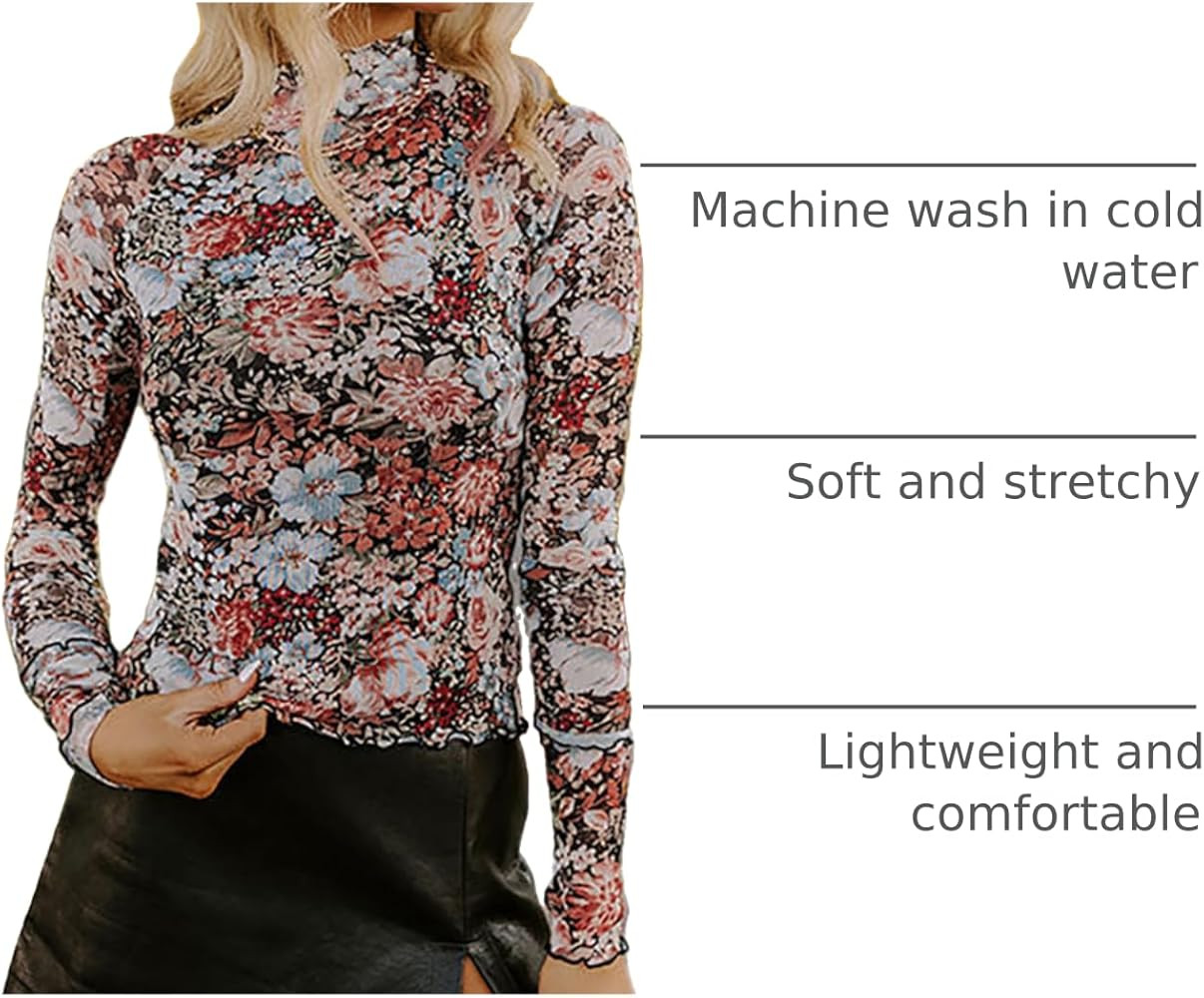 OFEEFAN Womens Long Sleeve Mesh Top See Through Mock Neck Sheer Blouses | Amazon (US)