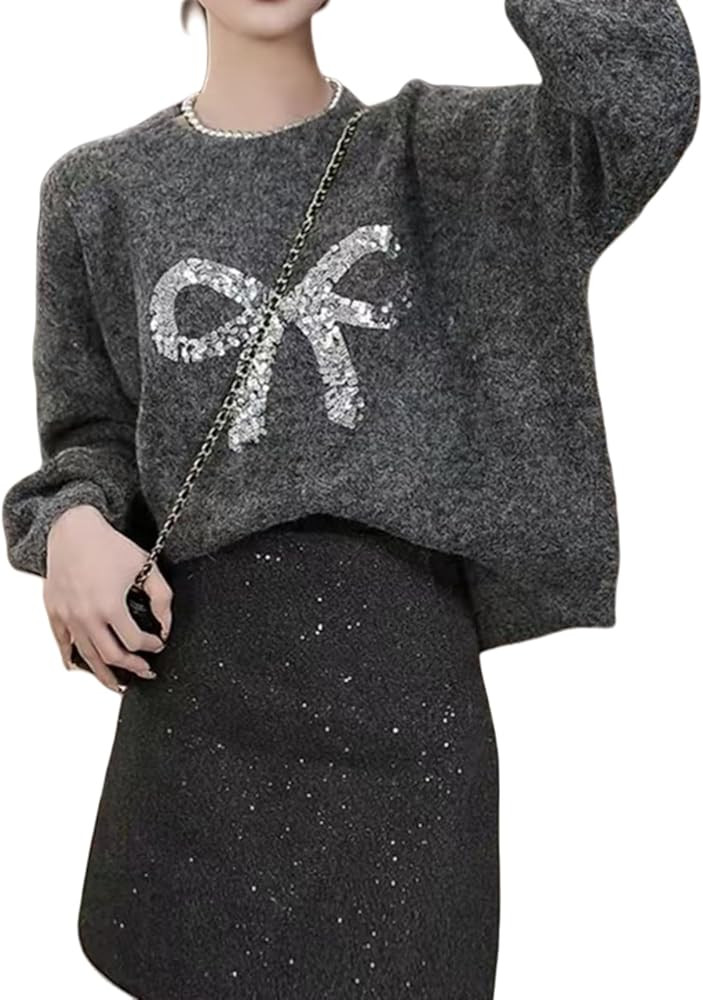 Sequin Bow Sweater Long Sleeve Glitter Party Crewneck Loose Fit Pullover Top | Amazon (US)