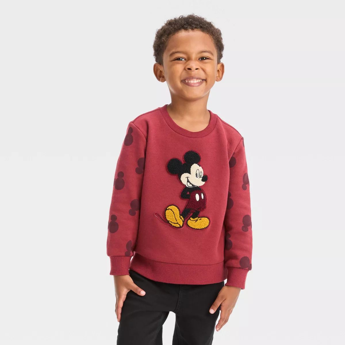 Toddler Boys' Disney Mickey Mouse Chenille Patch Fleece Pullover Sweatshirt - Red | Target