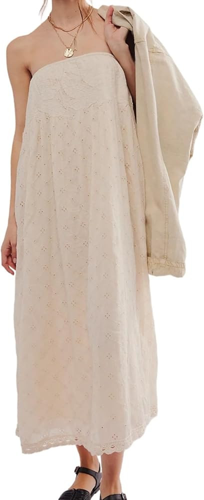 Womens Strapless Dress Summer Off The Shoulder Solid Color Maxi Dress Hollow Out Wedding Guest Dr... | Amazon (US)