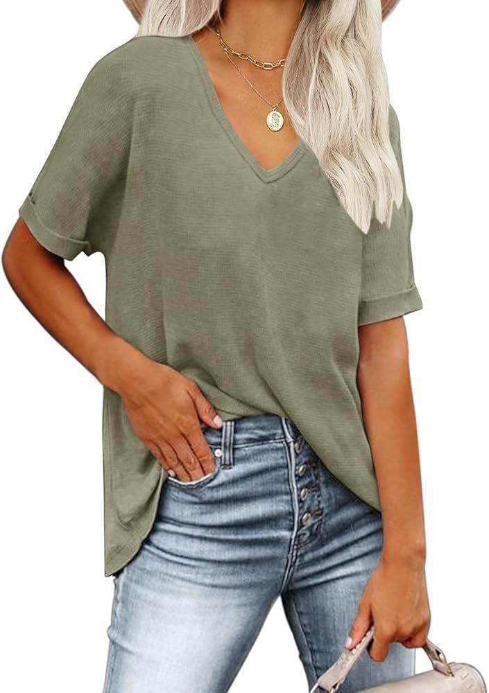 YIBOCK Women's V Neck T Shirts Rolled Short Sleeve Waffle Knit Summer Casual Tops Tees Blouse | Amazon (US)
